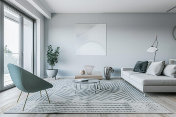 Minimalist living room interiors in turquoise color with minimal furniture and natural lighting.Interiors design composition concept image.