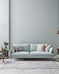 Minimalist living room interiors in turquoise color with minimal furniture and natural lighting.Interiors design composition concept image.