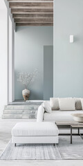 Minimalist living room interiors in turquoise color with minimal furniture and natural lighting.Interiors design composition concept image.