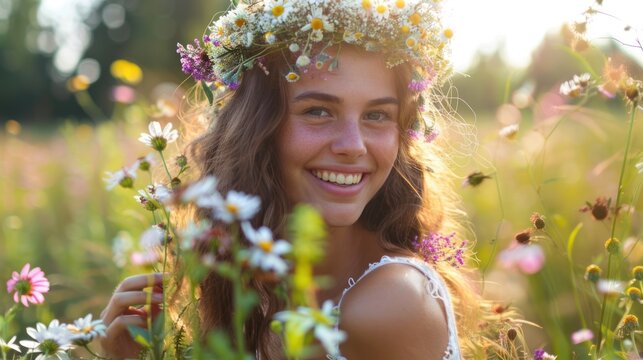 portrait happy woman picking up flowers make traditional midsummer crown