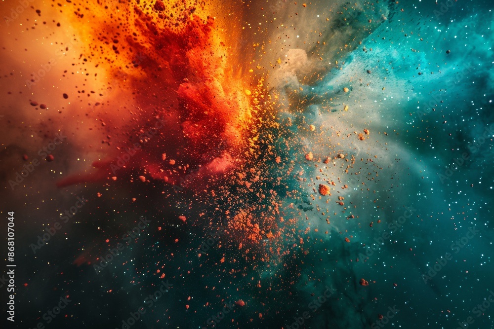 Poster a dynamic galactic collision, emphasizing the clash of colors and textures, ideal for a dramatic pos