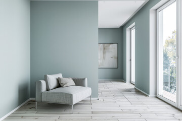 Fototapeta premium Minimalist living room interiors in turquoise color with minimal furniture and natural lighting.Interiors design composition concept image.