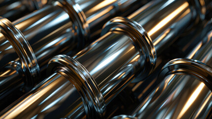 Naklejka premium Industrial Elegance Close-Up of Silver Pipes with Soft Lighting and Dark Background