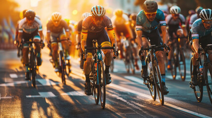 Naklejka premium A group of cyclists in professional gear race on the road in close-up golden hour light in the style of professional photography