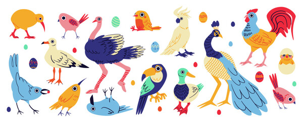 Birds doodle. Jungle folk. Baby abstract. Spring cartoon animal. Childish pattern. Naive texture. Tropical nature. Vintage toucan chick. Ostrich and peacock. Creative character. Vector birdies set