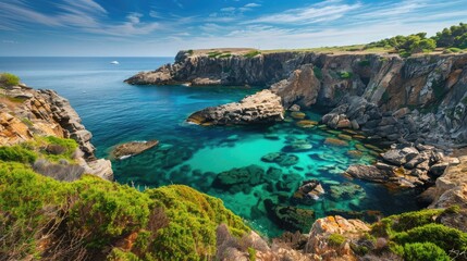 Fototapeta premium A stunning coastal view with a secluded cove, turquoise waters, and rugged cliffs.