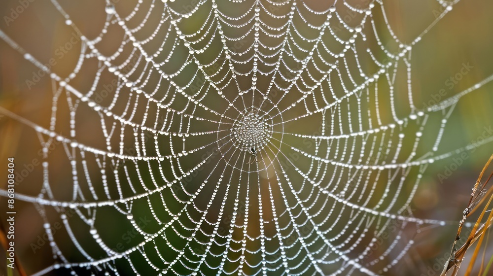 Poster a spider web is covered in dew drops, creating a beautiful and serene atmosphere