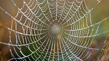 A spider web is covered in dew drops, creating a beautiful and serene atmosphere