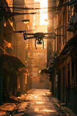 A small tactical drone flying low over a hostile urban environment, scanning rooftops and alleyways