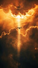 Obraz premium A small tactical drone flying through a beam of sunlight breaking through thick clouds, symbolizing the search for clarity amidst chaos
