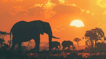 Fototapeta premium A group of elephants walking in a field at sunset