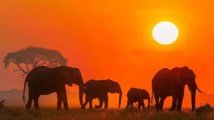 Fototapeta premium A group of elephants walking in a field at sunset