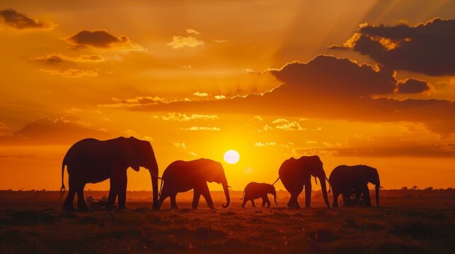 A group of elephants walking in a field at sunset