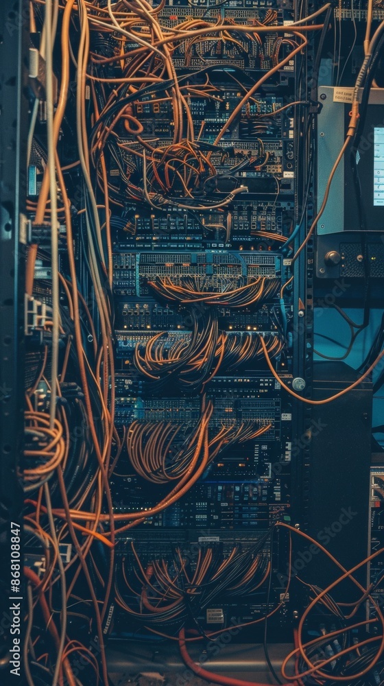 Poster a pixelated tangle of brightly colored network cables behind a server rack, creating a chaotic yet n