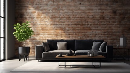 The image shows a stylish living room with a modern couch a coffee table a brick wall, and a black vase.