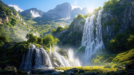 A stunning landscape featuring a waterfall cascading down a rocky cliff into a lush, green valley, with mist rising from the water and sunlight breaking through the trees, with a clear blue sky above