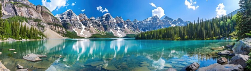 A beautiful lake surrounded by mountains with a clear blue sky
