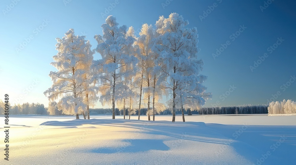 Poster a snowy field with a group of trees in the foreground