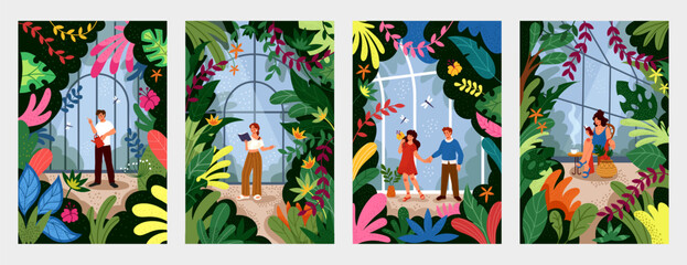 Fototapeta premium Greenhouse farm. Plant foliage. Flowers and leaves. Glass agriculture. People relaxing in orangery. Garden conservatory. Home gardening. Nature greenery. Planter floor. Vector tidy glasshouses set