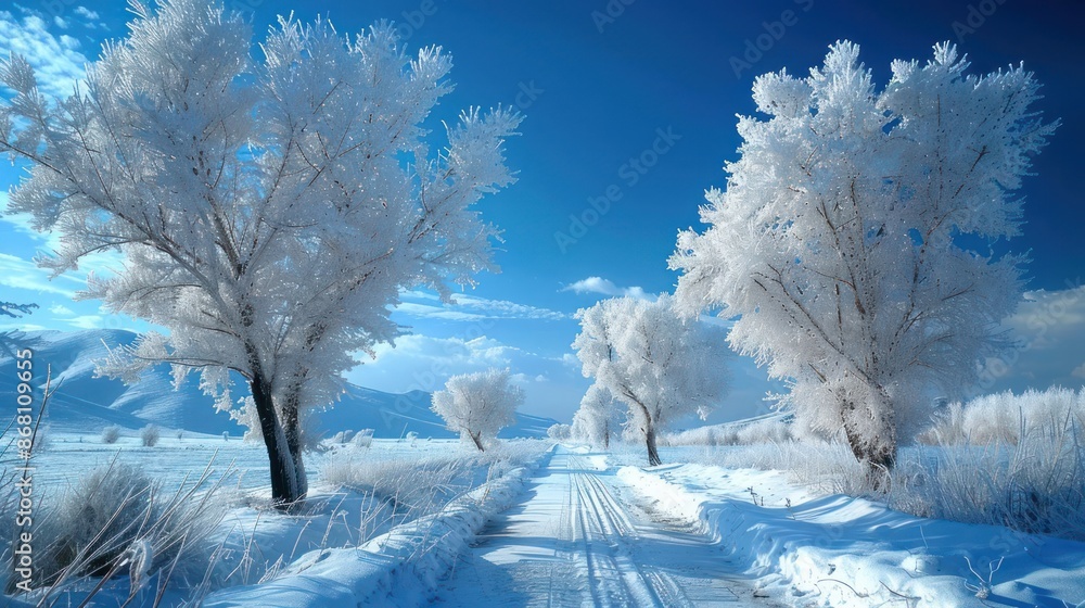 Poster a snowy landscape with a road in the middle and three trees on either side
