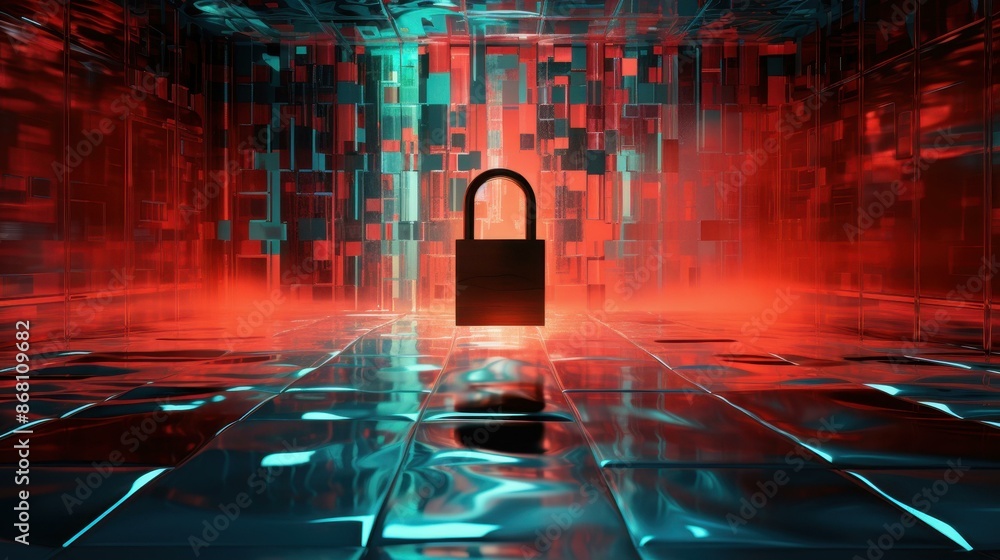 Poster secure your online presence with a red digital padlock on cyber surface.