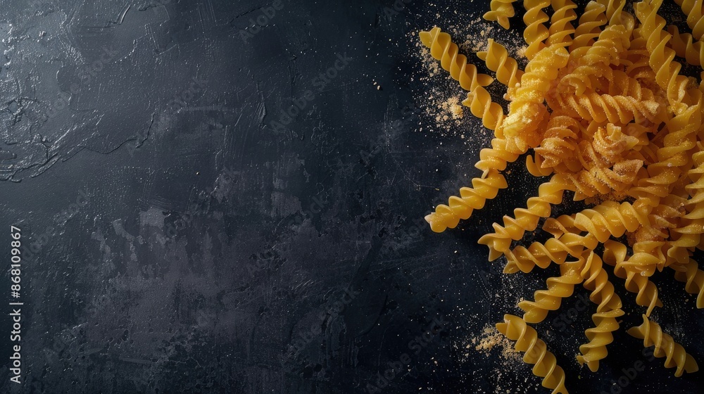 Poster pasta on a dark backdrop shown from above with empty space for text