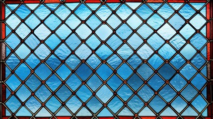 Vibrant blue and red stained glass window depicting intricate design.