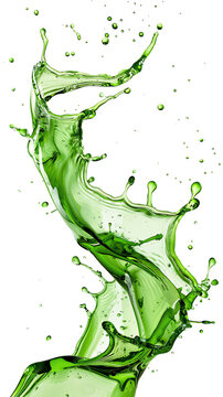 Vibrant green liquid splash captured mid-air against a transparent background, showcasing fluid motion and dynamic energy.