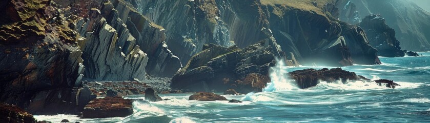 Naklejka premium A large wave crashing into a rocky shoreline