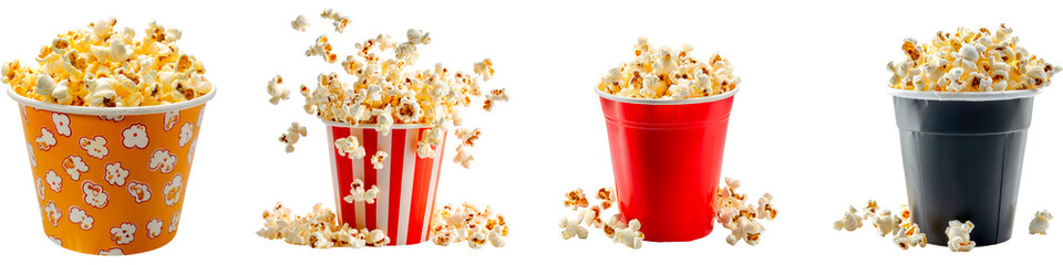 Set of paper striped bucket with popcorn isolated on the transparent background