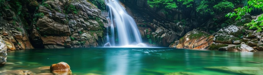 Obraz premium A beautiful waterfall with a lush green forest in the background