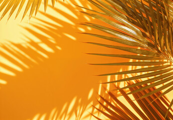 Tropical palm leaves casting shadows on bright yellow background for summer vibes