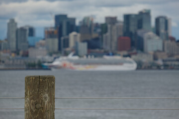 Breathtaking panoramic view onto Seattle skyline downtown highrise scenery with harbor port...