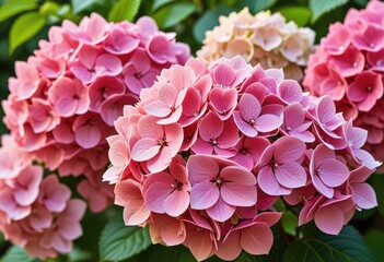Obraz premium a close-up view of a lush hydrangea bush showcasing various shades of pink petals against a blurred green background.