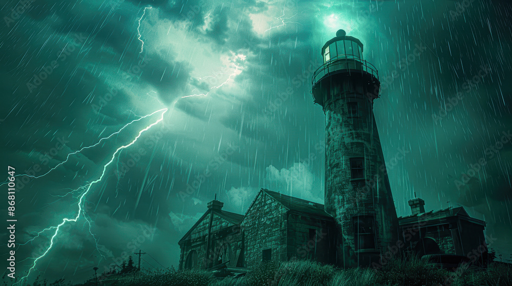 Poster eerie haunted lighthouse in stormy fantasy night cinematic thunderstorm ambience with bright colors