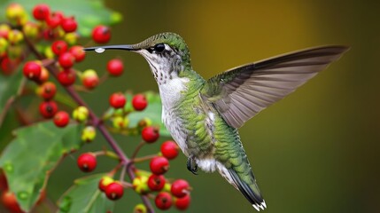 Fototapeta premium A hummingbird is perched on a branch with berries