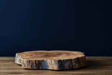 Rustic wooden slab on table top with dark blue background – ideal for natural product display or presentation concepts