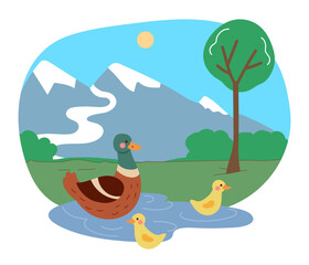 Cute animals. Water birds swimming in pond. Happy ducky family. Wild nature. Mountain landscape. Summer lake scenery. Park forest. Ducklings folk. Cartoon yellow duck chicks. Vector wildlife scene