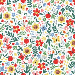 Cute flower pattern. Seamless texture. Spring summer girls background. Tiny leaves and bouquet. Decor textile, wrapping and wallpaper. Print for fabric. Cartoon vector botanical modern illustration