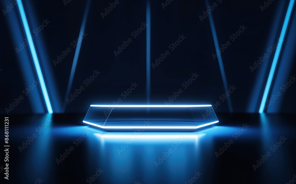 Poster illuminated futuristic platform with blue neon lights – perfect for tech and sci-fi concepts