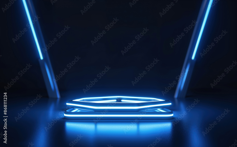Poster Futuristic neon-lit hexagonal platform – ideal for tech and sci-fi presentations