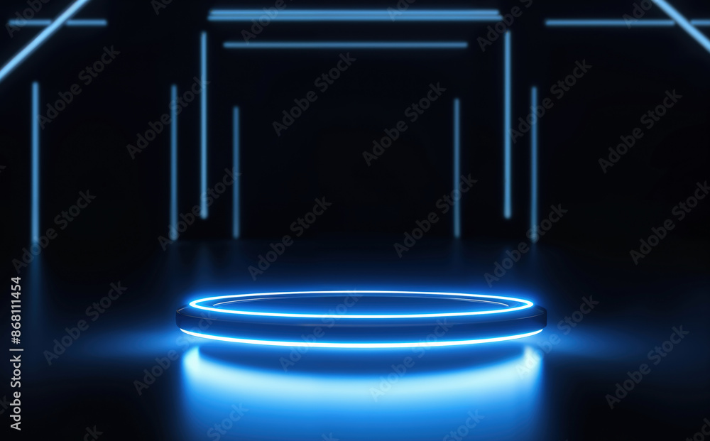 Poster futuristic blue neon round platform with glowing lines – perfect for tech presentations and sci-fi d
