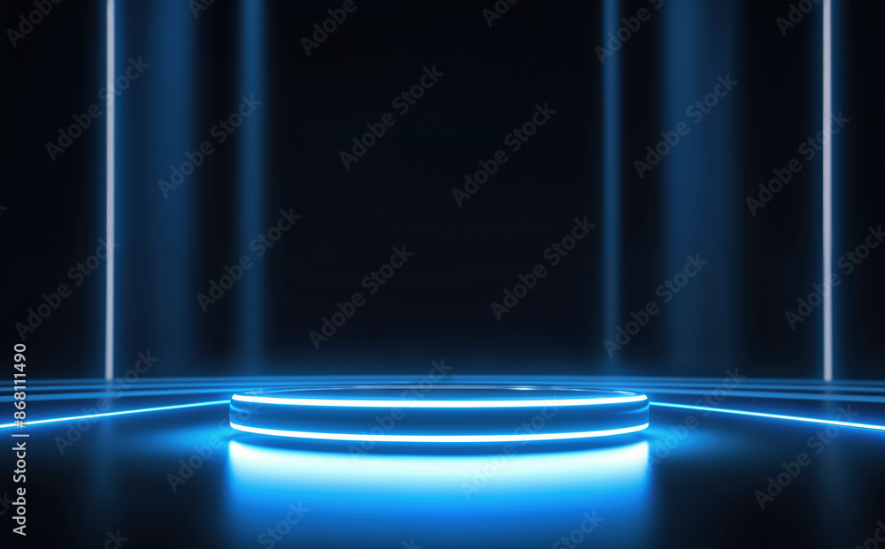 Poster futuristic glowing round platform with blue neon lights – ideal for tech presentations and sci-fi co