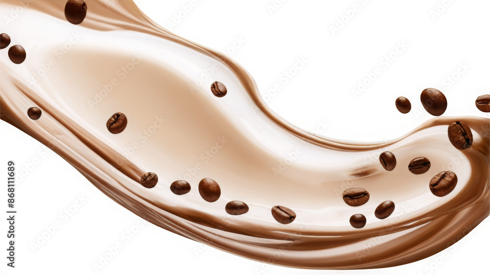 Poster milk brown coffee liquid swirl splash and little bubbles with falling coffee beans isolated on trans