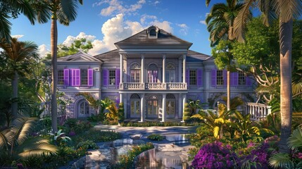 Fototapeta premium grand estate with majestic purple Bahama shutters, set in a sprawling garden