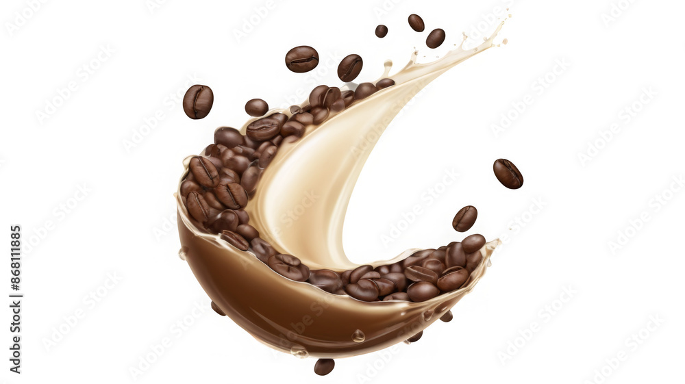 Poster milk brown coffee liquid swirl splash and little bubbles with falling coffee beans isolated on trans
