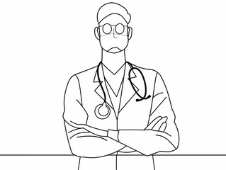 Doctor-Patient Consultation in Minimalist Black and White Line Drawing