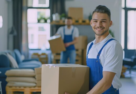 Professional moving company workers in blue overalls smiling while carrying boxes in a modern apartment, depicting efficient and friendly relocation services