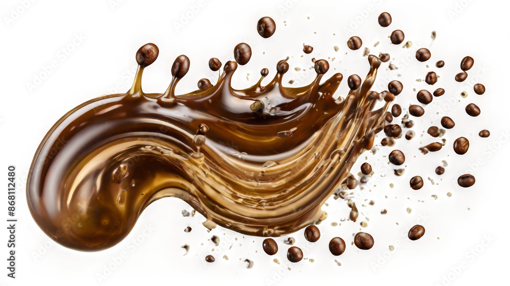 Poster milk brown coffee liquid swirl splash and little bubbles with falling coffee beans isolated on trans