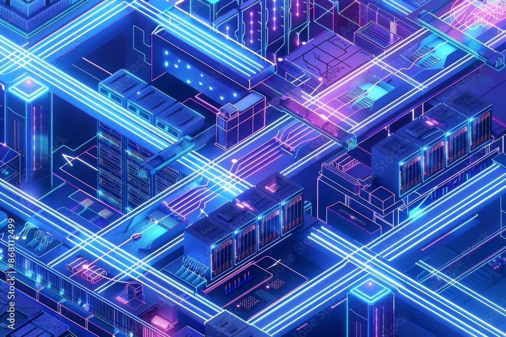 Poster isometric blueprint of a data center, showcasing multiple floors, server racks, and network pathways